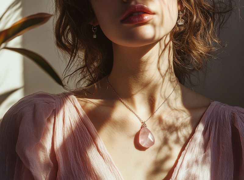 woman wearing rose quartz crystal pendant for every day wear
